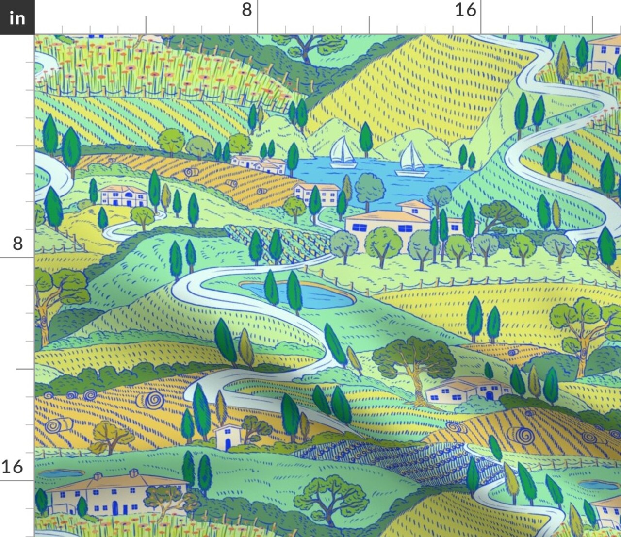 Multicolor Painting Farmland Villa Italian Landscape Large Scale Countryside Tuscan Mediterranean Custom Printed Fabric by Spoonflower Various Fabrics by the Yard or Fat Quarter